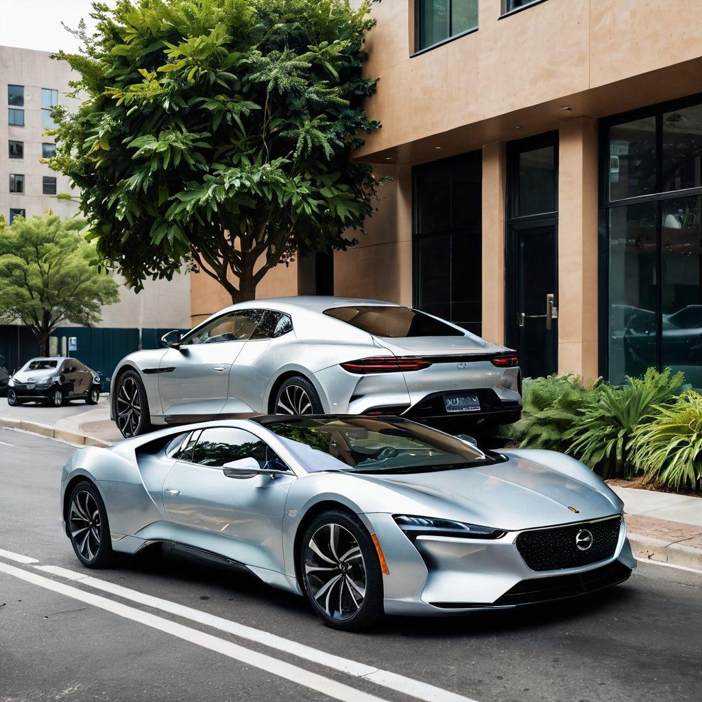 A visually striking split image showcasing two cars side by side: one luxurious, sleek, and premium with shiny metallic finish and leather seats, the other eco-friendly, featuring organic shapes, greenery, and solar panels. The background transitions from a glamorous cityscape to a serene nature scene. Include subtle icons of sustainability like leaves and recycling symbols in the eco-friendly side. super-realistic. vibrant colors. contrast between urban and nature.