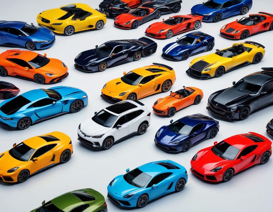 A colorful montage of various vehicles including a sleek sports car, a rugged SUV, and a stylish motorcycle showcased against a vibrant online shopping backdrop. The scene should evoke a sense of adventure and excitement, featuring elements like a computer screen displaying vehicle options, travel gear, and cheerful people exploring their choices. The overall mood should convey joy and discovery. super-realistic. vibrant colors. white background.