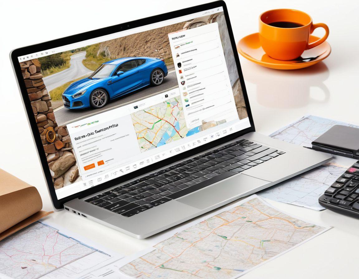 A modern, sleek laptop displaying a vibrant car search webpage filled with diverse car listings, surrounded by notes and a cup of coffee. Show a person studying a map with car icons, highlighting ease of finding superior vehicles online. Include various car models in the background, symbolizing options available. super-realistic. vibrant colors. white background.